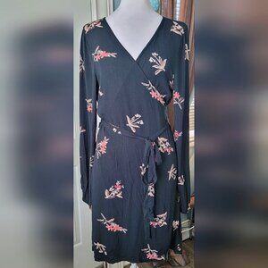 Billabong Love Warrior Wrap Dress Women's L Black & Pink Floral Mini Lon…